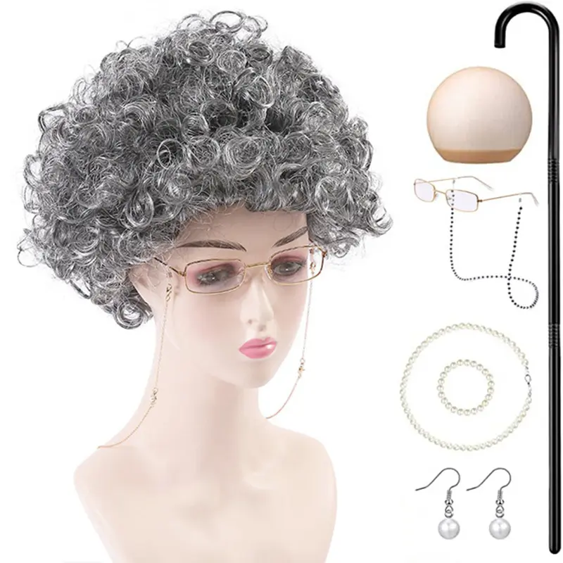 Middle Aged Old Woman Halloween Wig Gray Granny Synthetic Curly Hair