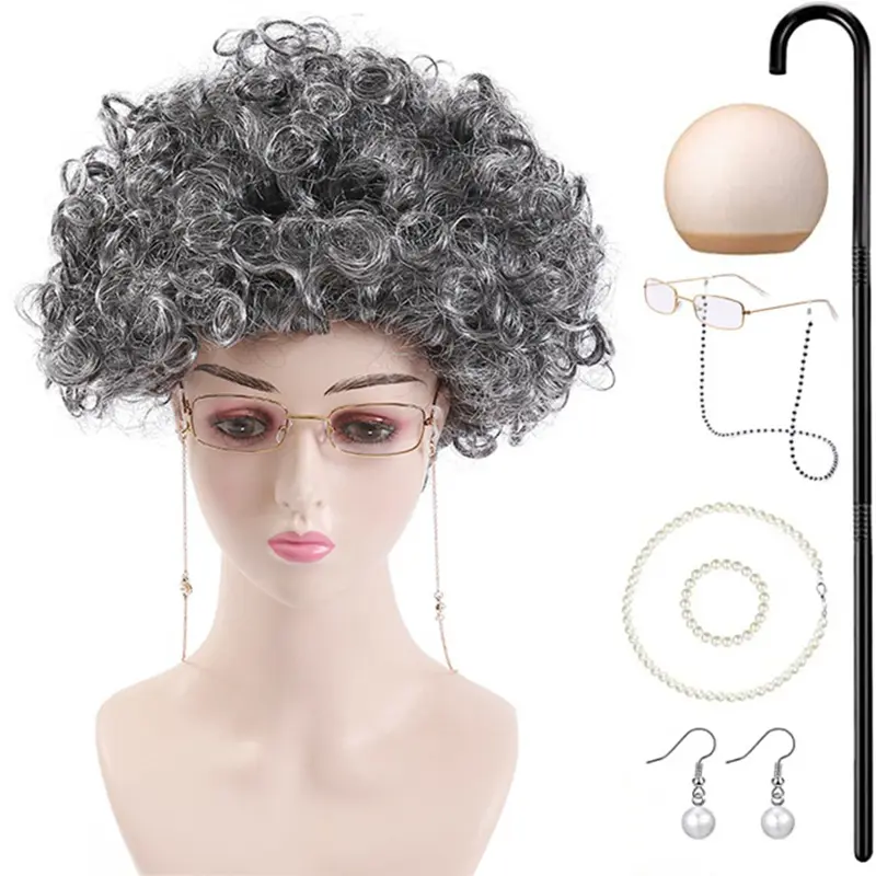 Middle Aged Old Woman Halloween Wig Gray Granny Synthetic Curly Hair