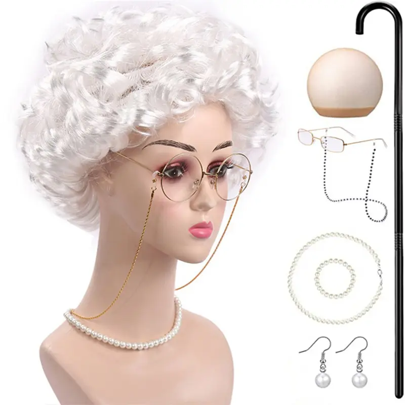 Middle Aged Old Woman Halloween Wig Gray Granny Synthetic Curly Hair