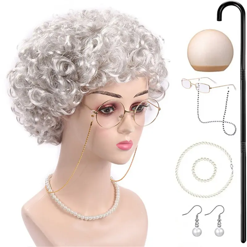 Middle Aged Old Woman Halloween Wig Gray Granny Synthetic Curly Hair