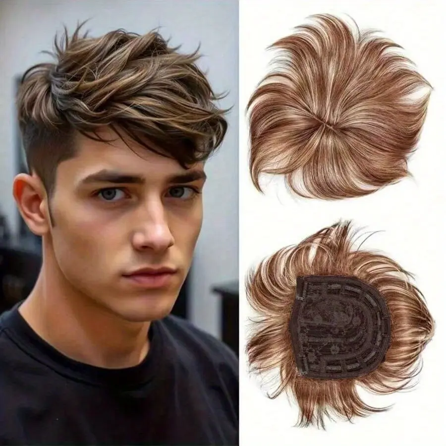 Men's mixed color synthetic wig piece natural color matching easy to wear can be worn many times