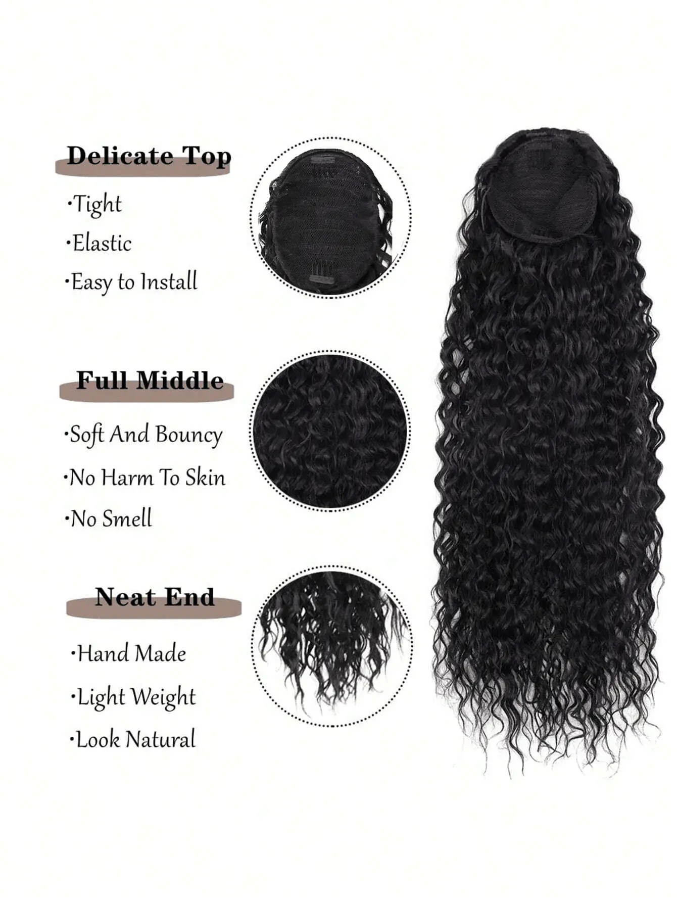 24-inch long curly ponytail with extended heat-resistant synthetic instant clip drawstring ponytail extends in the ponytail