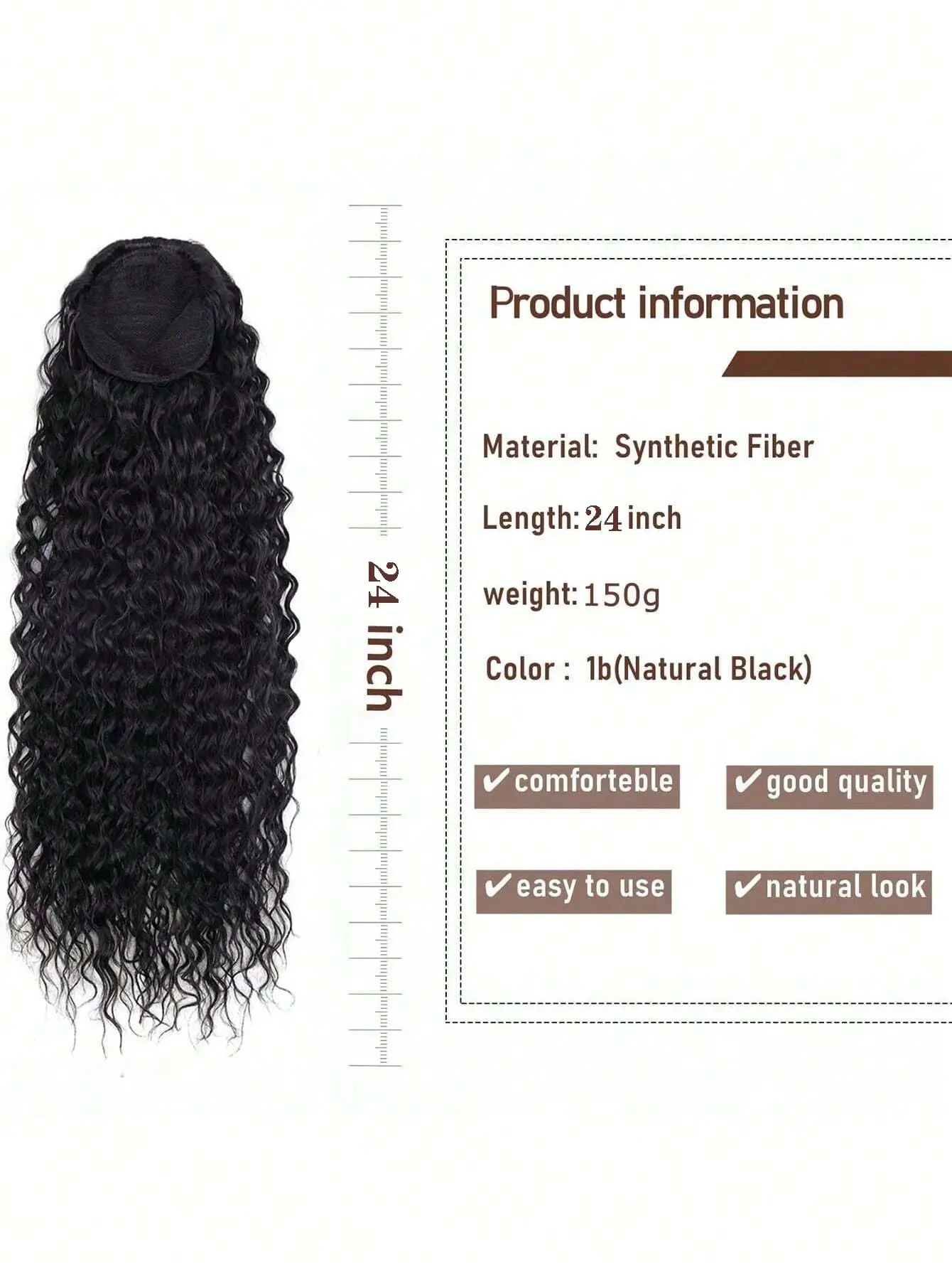24-inch long curly ponytail with extended heat-resistant synthetic instant clip drawstring ponytail extends in the ponytail