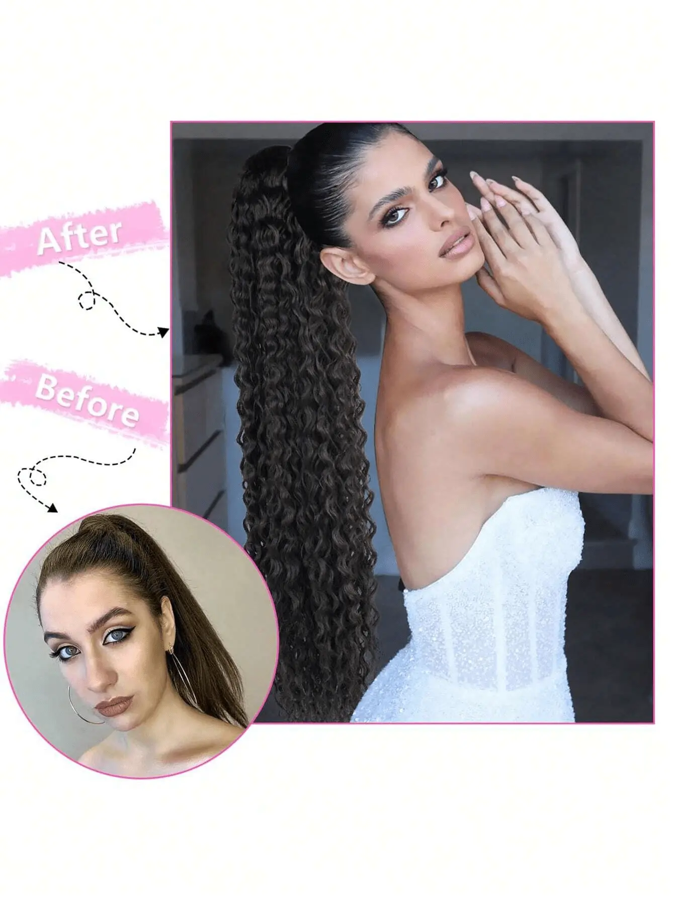 24-inch long curly ponytail with extended heat-resistant synthetic instant clip drawstring ponytail extends in the ponytail