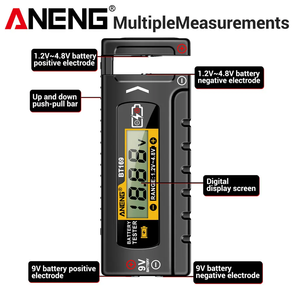 ANENG BT169 Battery Level Tester Digital Display Screen MultipleMeasurements No power required Portable ABS Plastic Tester Tools