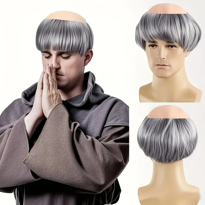 Shaved Monk Wig with Brown and Silvery Braids - Adult Costume Wig for Men, Stylish Straight Style