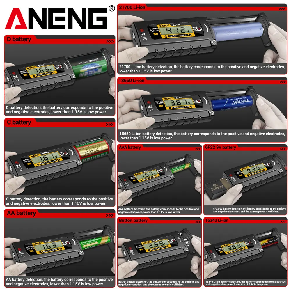 ANENG BT169 Battery Level Tester Digital Display Screen MultipleMeasurements No power required Portable ABS Plastic Tester Tools