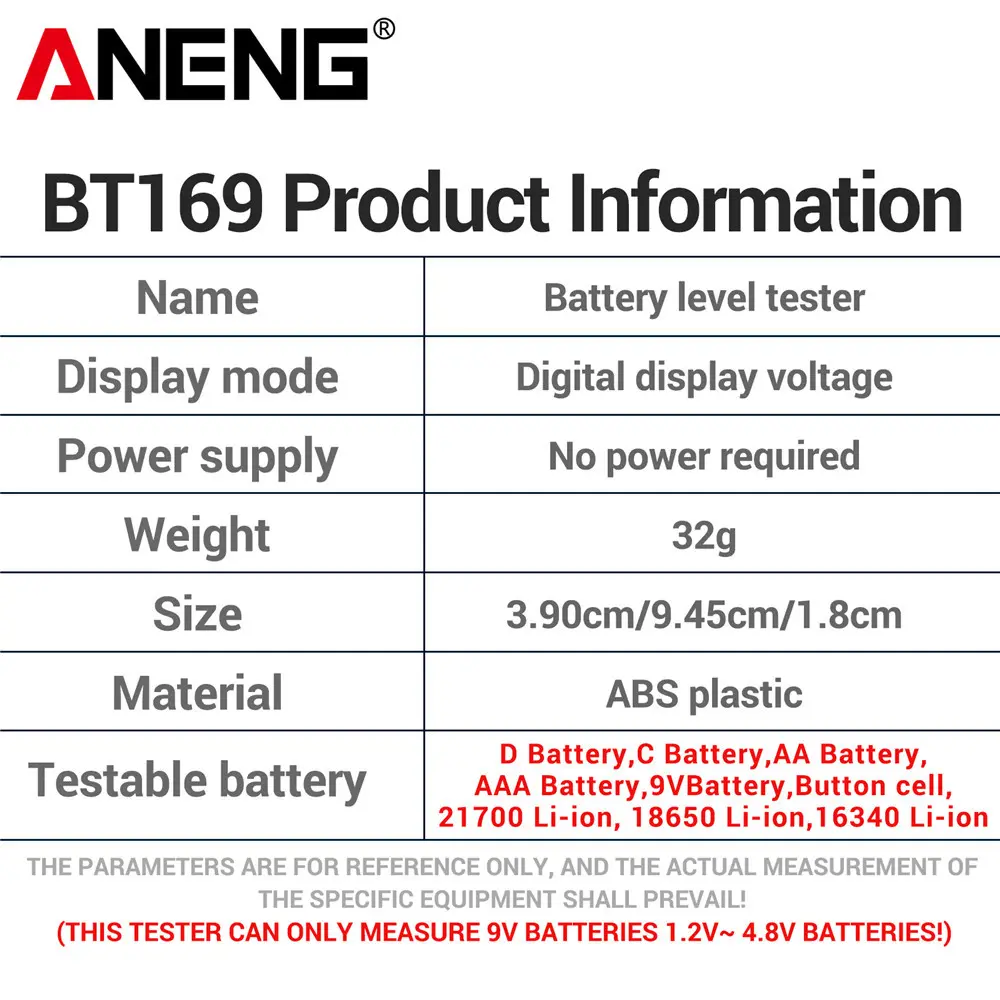 ANENG BT169 Battery Level Tester Digital Display Screen MultipleMeasurements No power required Portable ABS Plastic Tester Tools