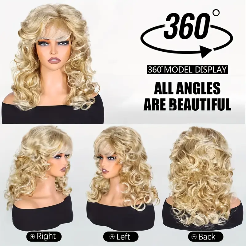 Fashionable long blonde curly hair, fluffy and large curls, synthetic synthetic fiber wig head cover