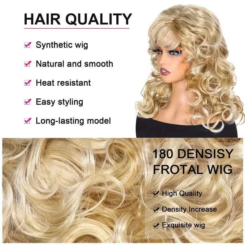 Fashionable long blonde curly hair, fluffy and large curls, synthetic synthetic fiber wig head cover