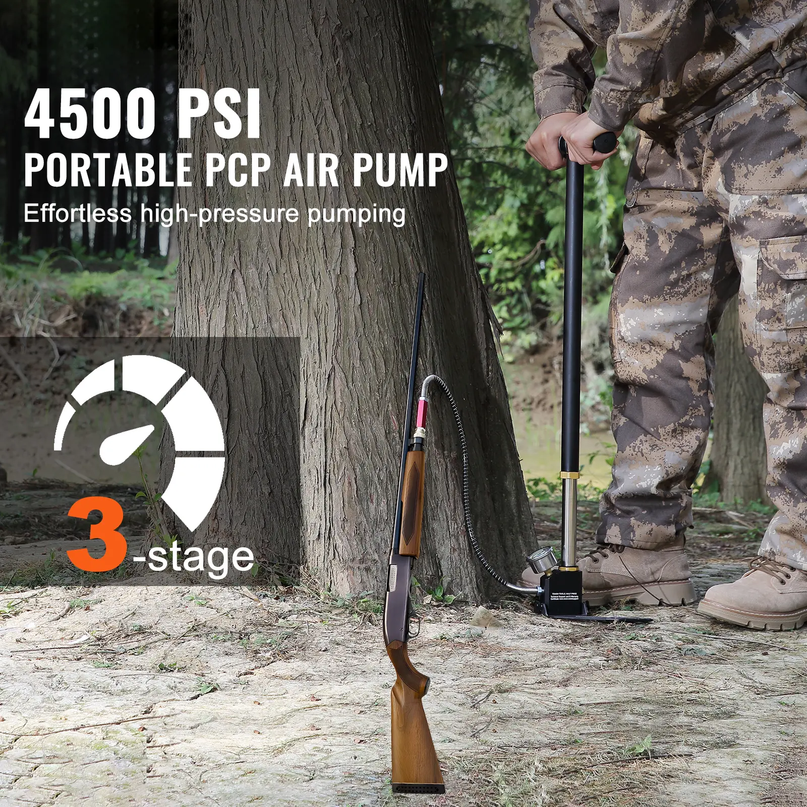 SucceBuy 3 Stage PCP Pump 30MPa 4500PSI W/ Pressure Gauge Air Hand Stirrup Pump for Pistols Rifles Air Guns, Car Bicycle Hunting