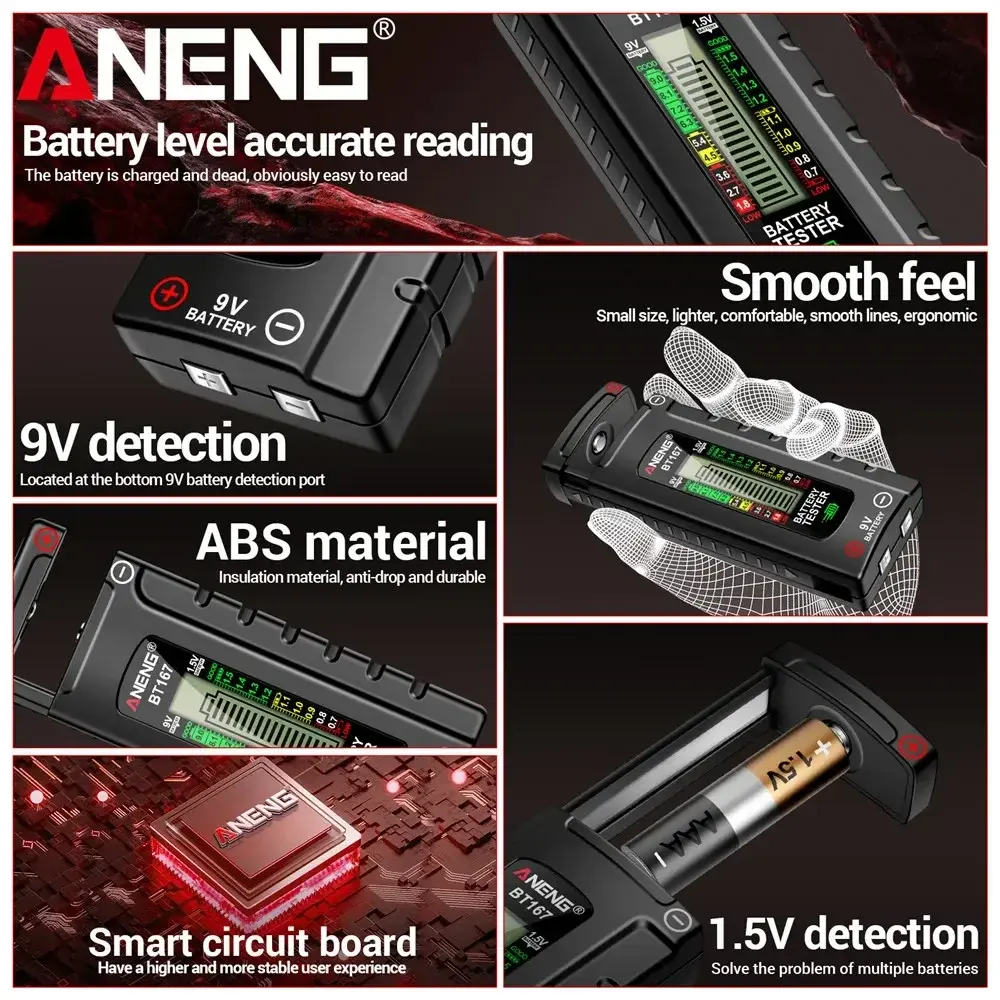 ANENG BT167 Battery Universal Button Cell Tester Volt Test Detector LCD Display C AA AAA D 9V 1.5V Checker Power Diagnostic Tool