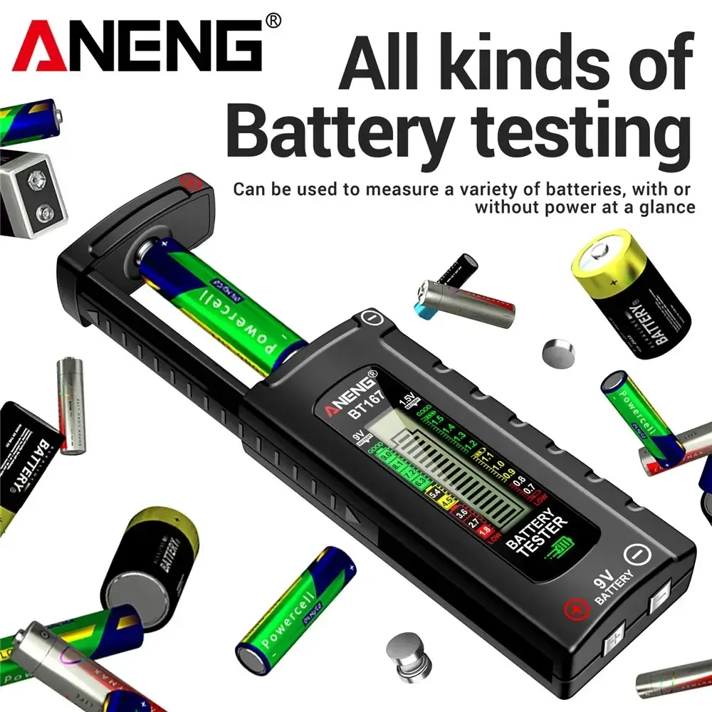 ANENG BT167 Battery Universal Button Cell Tester Volt Test Detector LCD Display C AA AAA D 9V 1.5V Checker Power Diagnostic Tool