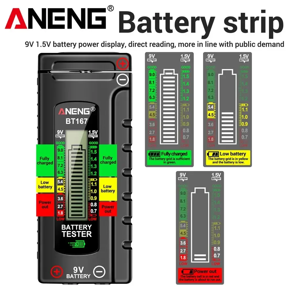 ANENG BT167 Battery Universal Button Cell Tester Volt Test Detector LCD Display C AA AAA D 9V 1.5V Checker Power Diagnostic Tool