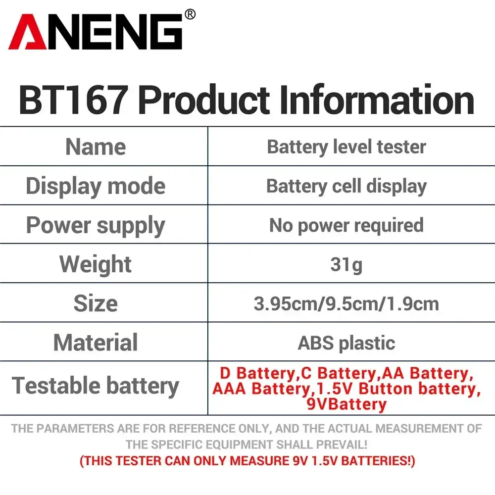ANENG BT167 Battery Universal Button Cell Tester Volt Test Detector LCD Display C AA AAA D 9V 1.5V Checker Power Diagnostic Tool