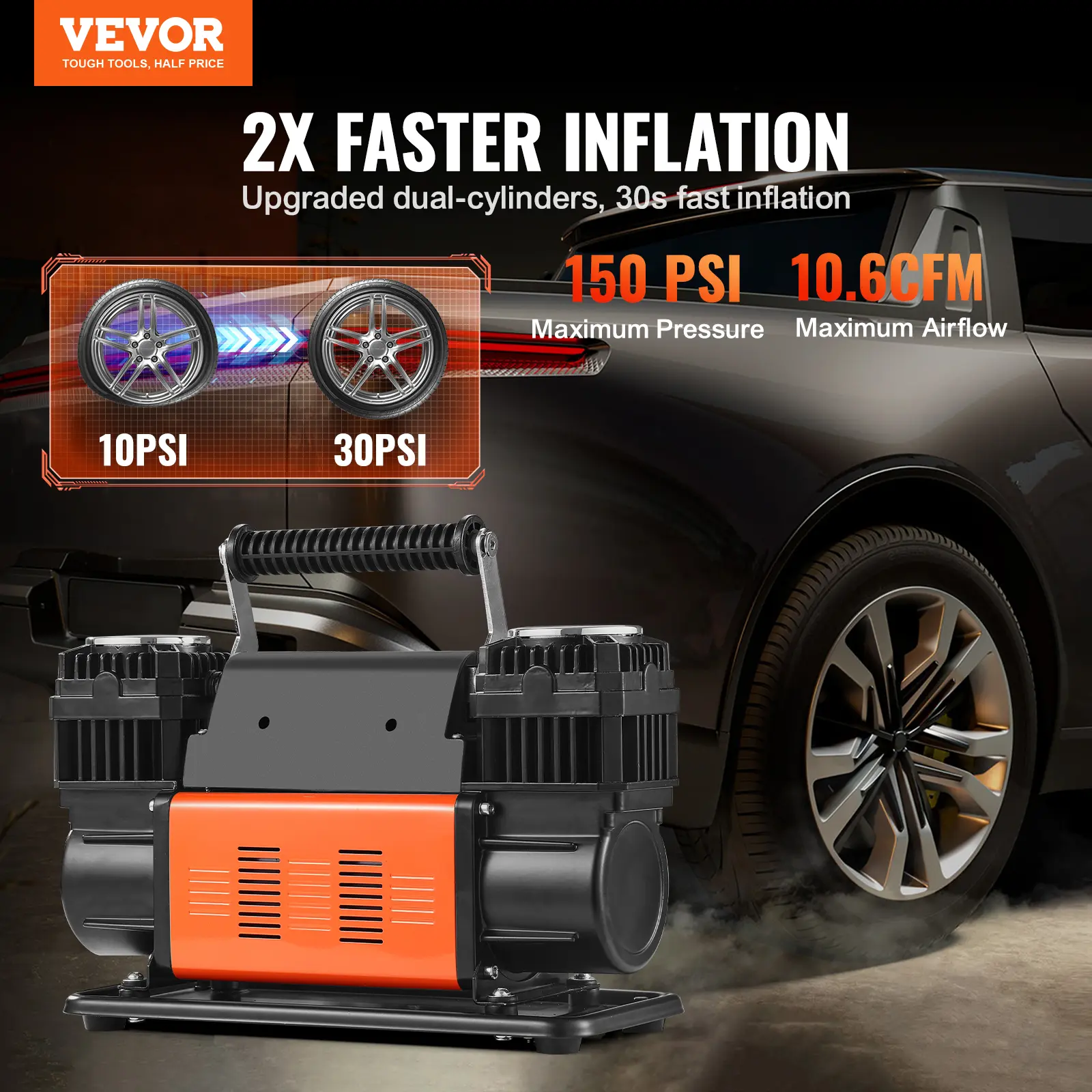 SucceBuy Tire Inflator Compressor 6-10 CFM Heavy Duty Air Compressor Dual-Cylinder 150PSI Air Pump with Adapters for Trucks Car