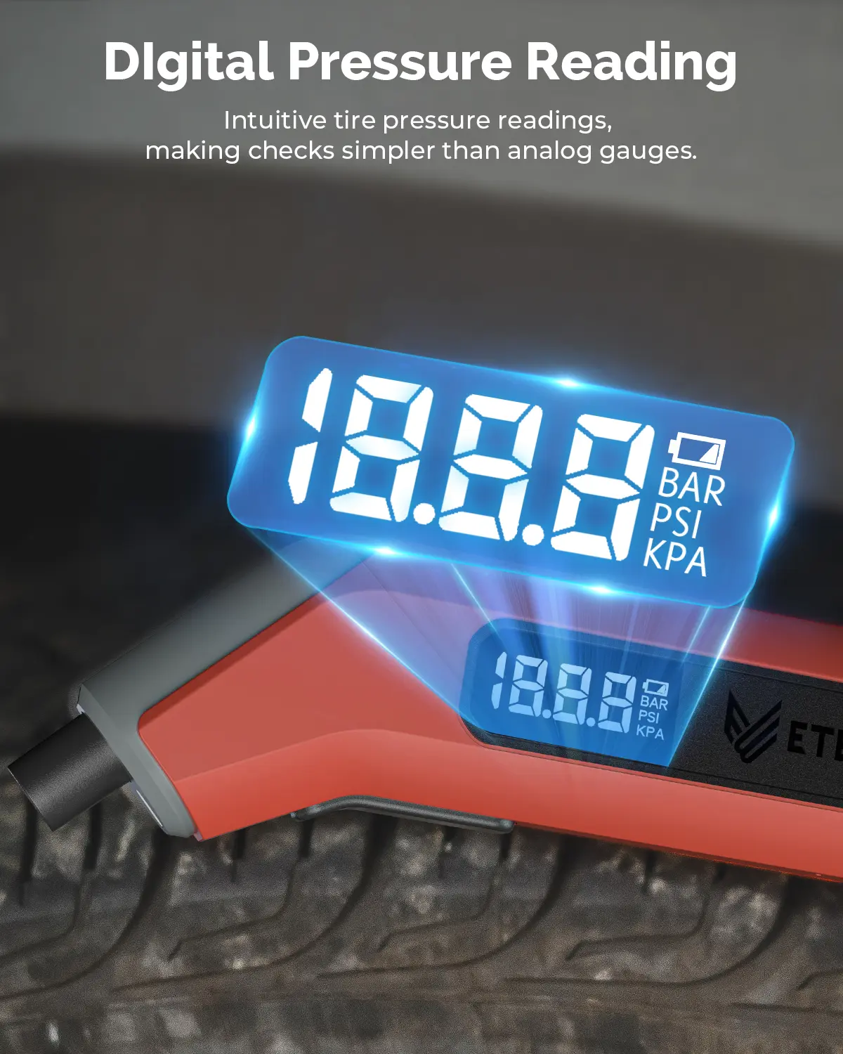 ETENWOLF T300 Plus Tire Pressure Gauge 200 PSI Bright LED Display Digital Tire Gauge for Tire Pressure with Presta Valve Adaptor