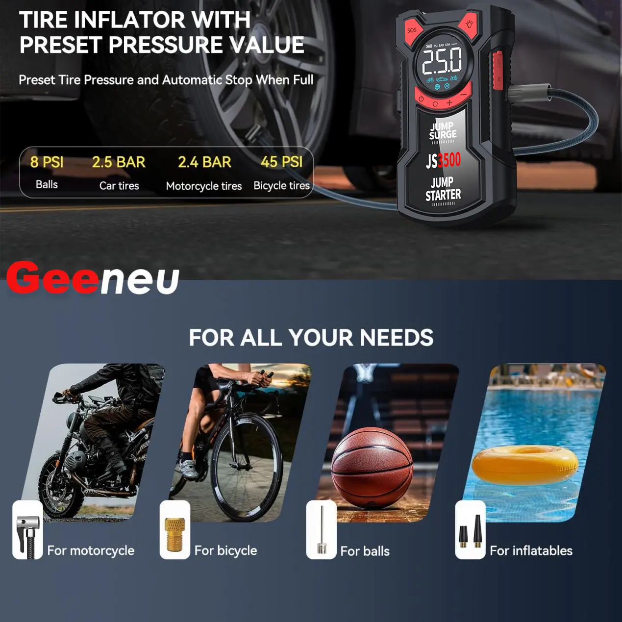 5-in-1 Multifunctional Air Pump Jump Starter with Air Compressor 3000A Peak/150PSI Battery Jump Starter Digital Tire Inflator
