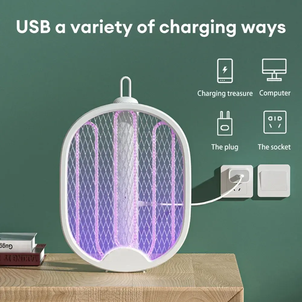 USB Electric Fly Swatter 3000V Mosquito Killer Racket Foldable UV Light Bug Zapper Insect Trap for Camping Home Garden