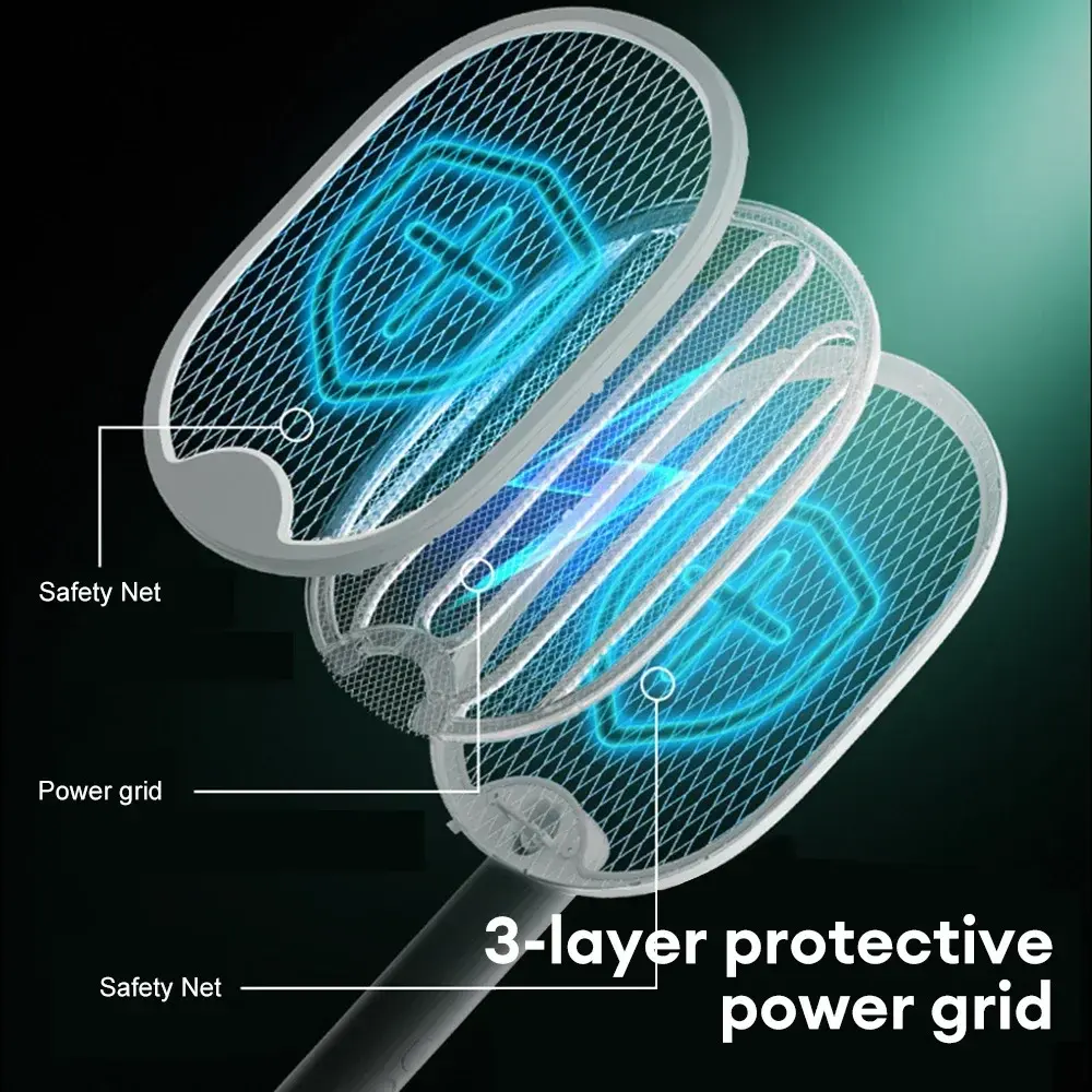 USB Electric Fly Swatter 3000V Mosquito Killer Racket Foldable UV Light Bug Zapper Insect Trap for Camping Home Garden