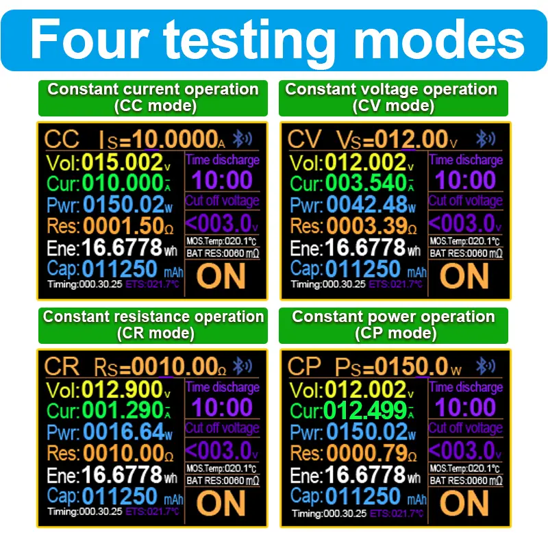 150W 4-wires Battery Capacity Tester 2.4 Inch TFT Color Screen CNC Type Electronic Load Power Discharge Tester with EU Adapter
