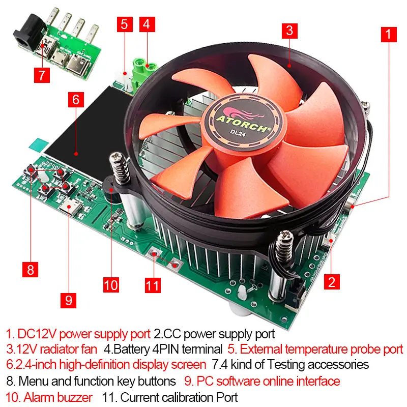 150W 4-wires Battery Capacity Tester 2.4 Inch TFT Color Screen CNC Type Electronic Load Power Discharge Tester with EU Adapter