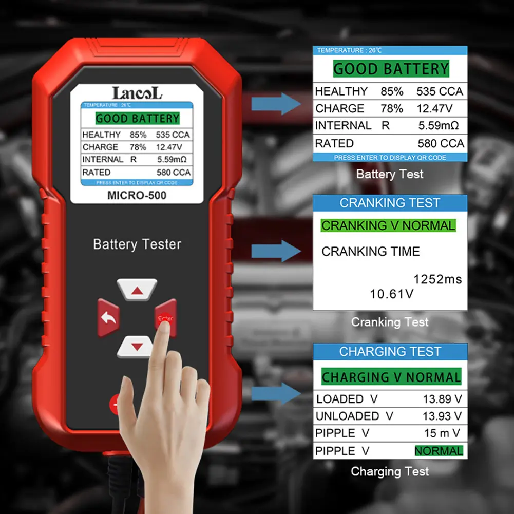 12V 24V Battery Tester LCD Display Battery Capacity Tester Professional Battery Life Tester Stored As QR Code for Car Motorcycle