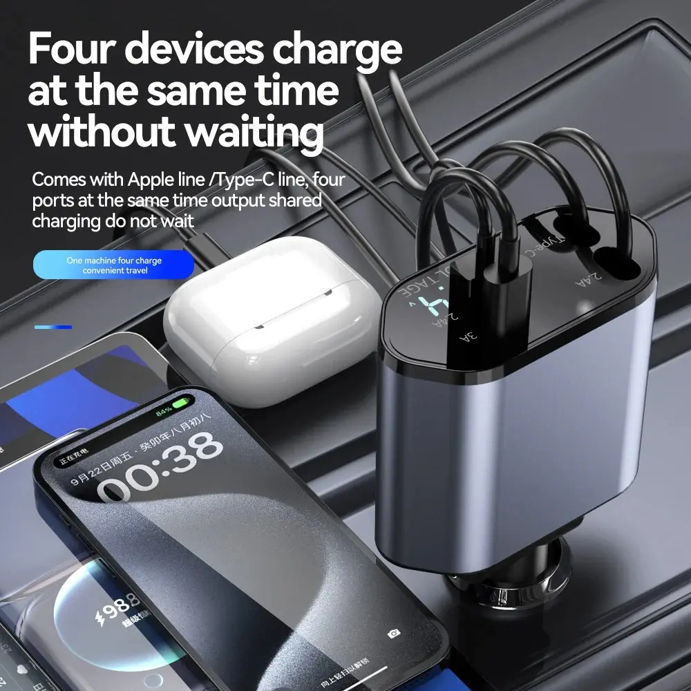 Universal 120W Car Charger, Super Fast Charging, Expandable 3-in-1 Auto Charger, Versatile and High-Speed