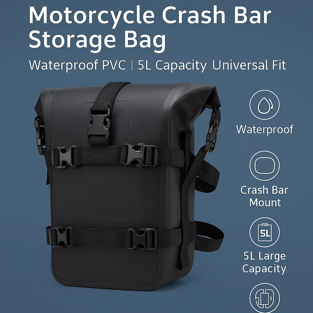 Motorcycle Crash Bar Bag – Waterproof Side Storage Pouch PVC Gear Tool Bag for Front Fork or Engine Guard