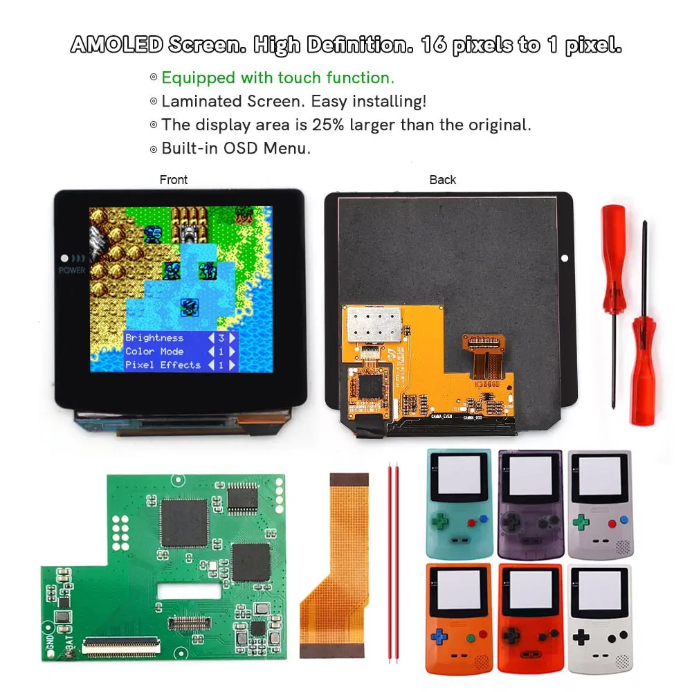 For GBC OLED Touch Laminated AMOLED Larger Screen Drop in RETRO PIXEL Screen Easy Install For GBC GameBoy Color With Shell