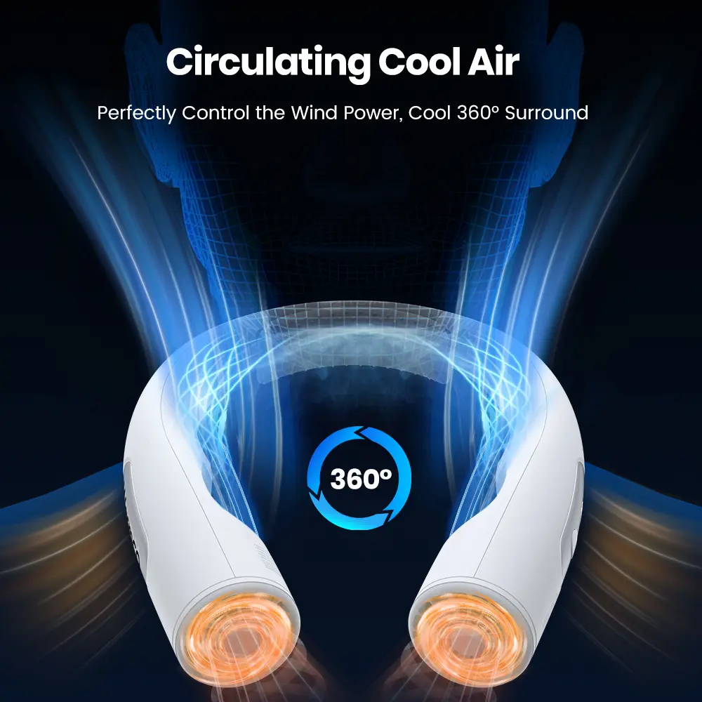 Warmco 10000mAh Portable Neck Fan - 4-Speed Rechargeable Personal Fan with 360° Cooling, 24H Runtime Wearable Fan for Office/Gym