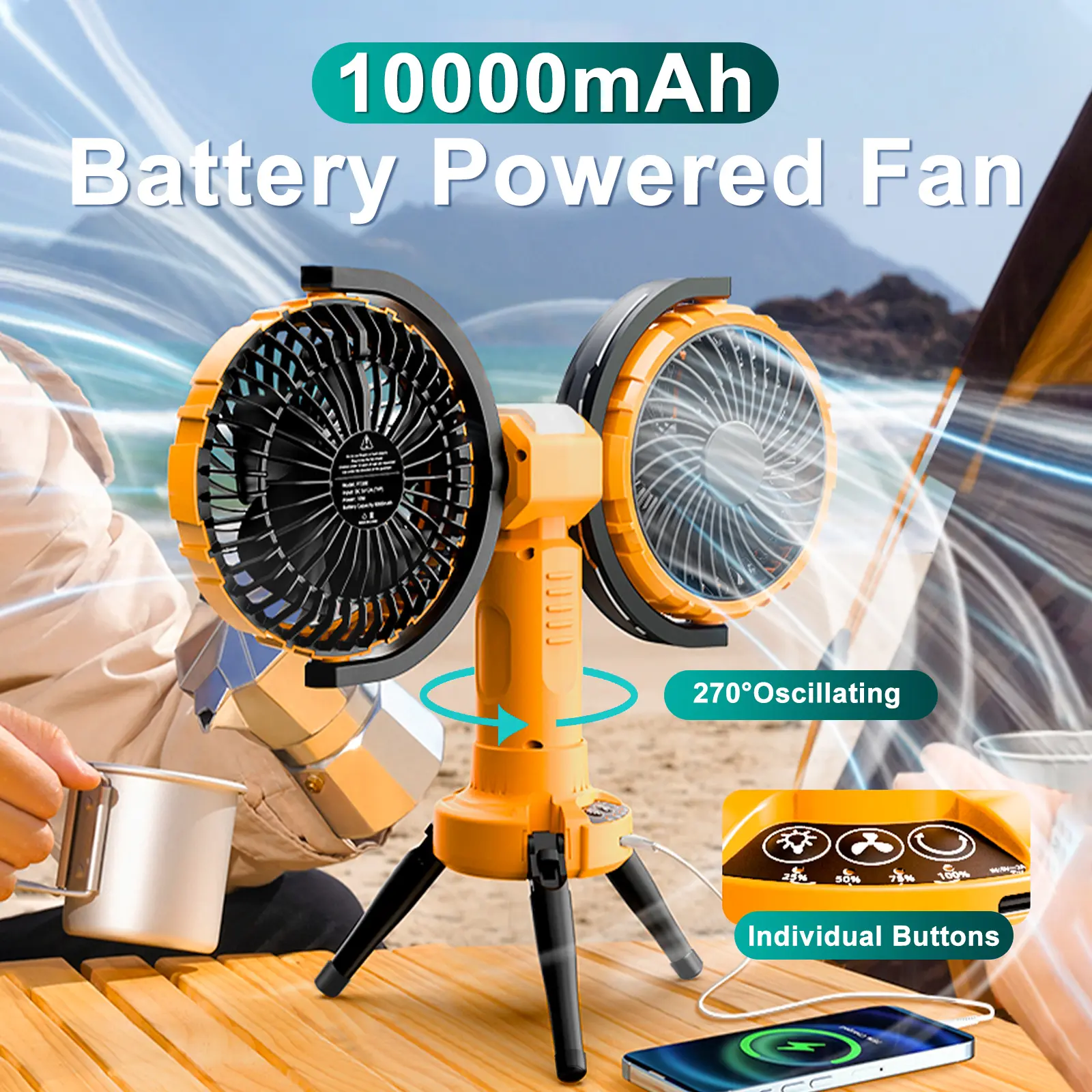 Eary Camping Dual Head Fan Tent Camp Fan With 8000mAh/10000 mAh Battery 4-Speed Wind 2 Lighting Portable Outdoor Air Cooling Fan