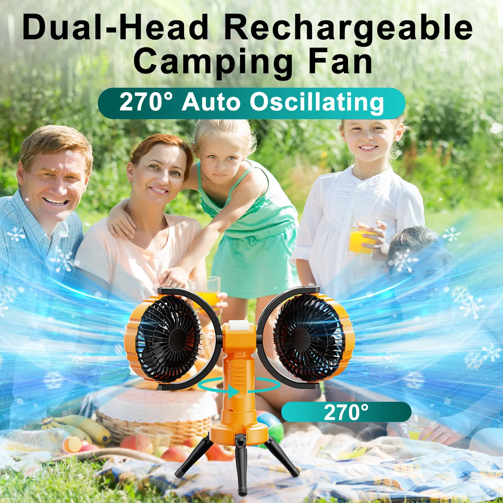 Eary Camping Dual Head Fan Tent Camp Fan With 8000mAh/10000 mAh Battery 4-Speed Wind 2 Lighting Portable Outdoor Air Cooling Fan