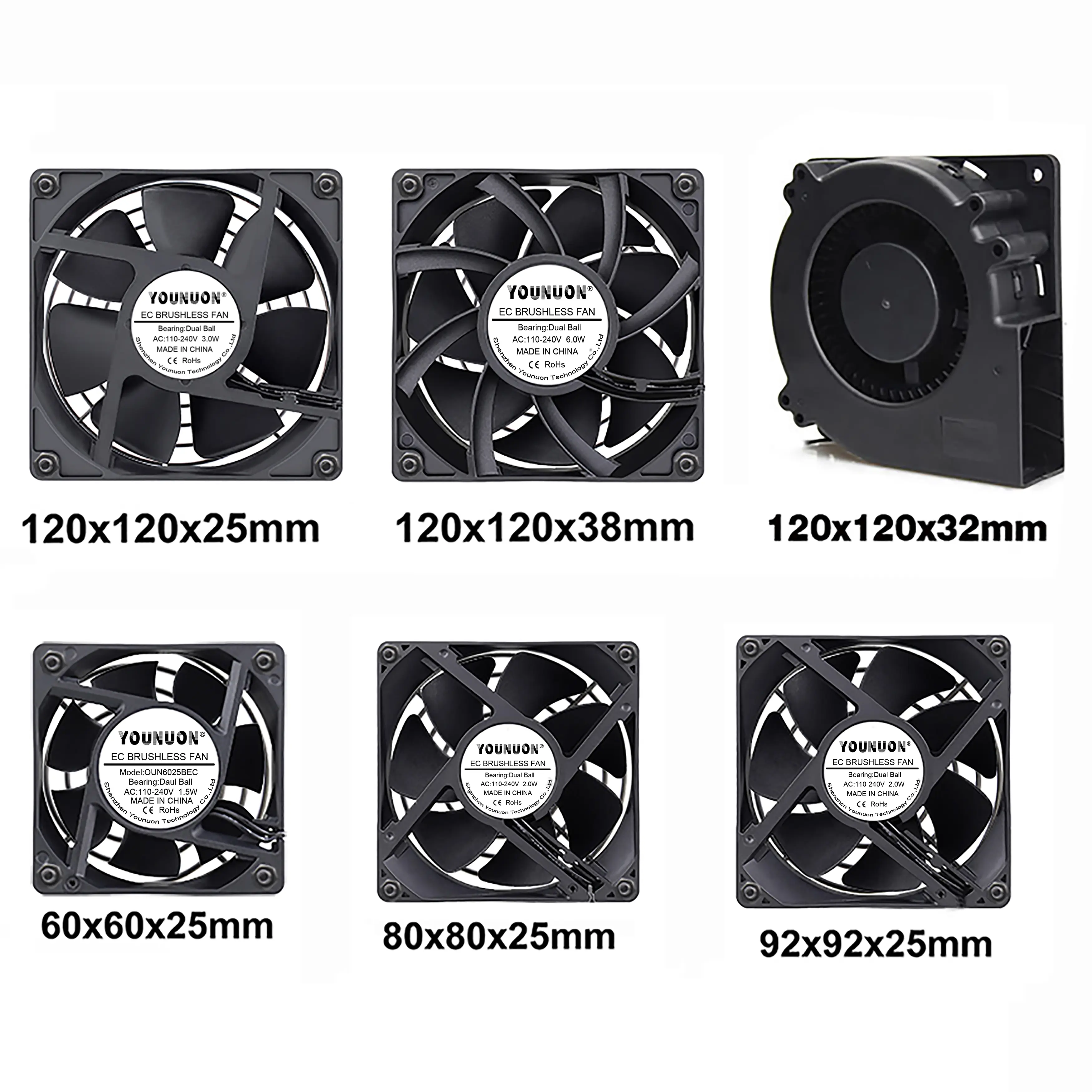 YOUNUON 60mm 80mm 90mm 120mm EC Brushless Fan AC 110V 115V 120V 220V 240V Axial Fan with Srews/Grill 6025 8025 9225 12025 12038