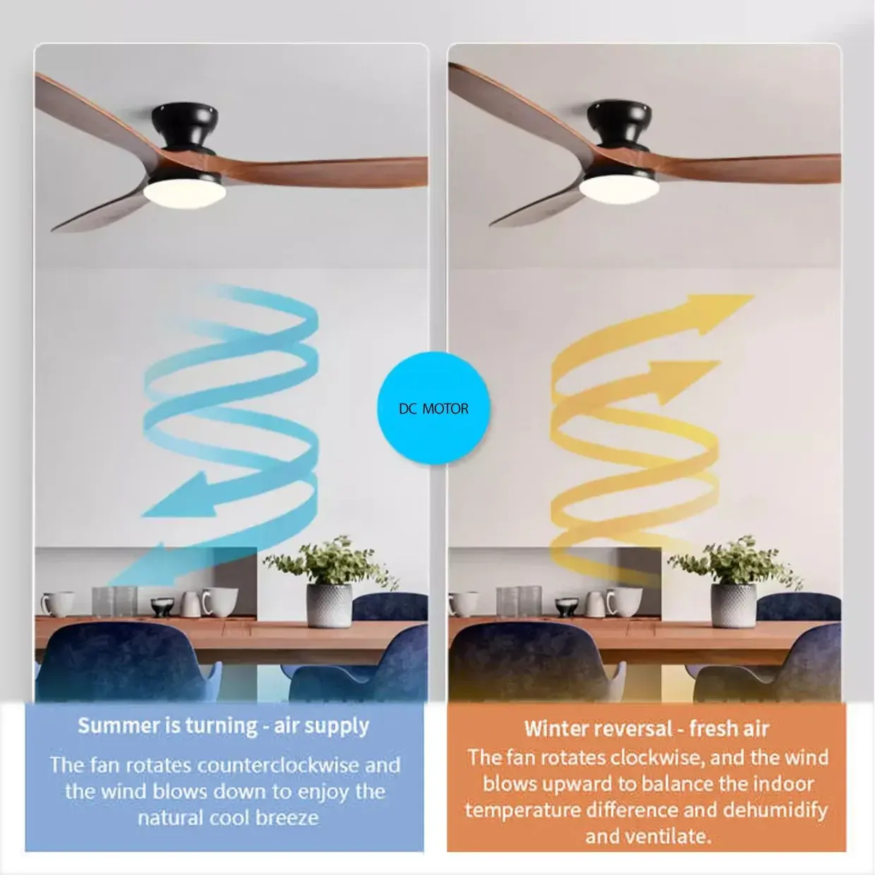 42/52/60inch Low Floor Ceiling Fan 3 wooden blade DC Motor Electric fan with Remote control for Living room dining room bedroom