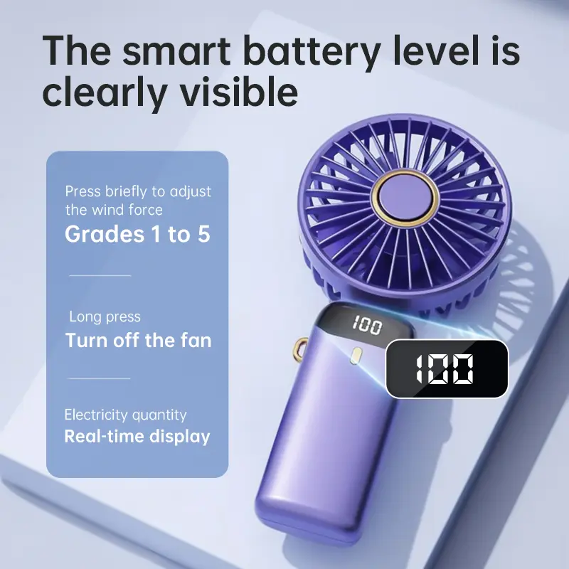 New Handheld Mini Fan Wireless USB Rechargeable Portable Digital Display Phone Holder Fan 5 Speed Foldable Neck Hanging Fans