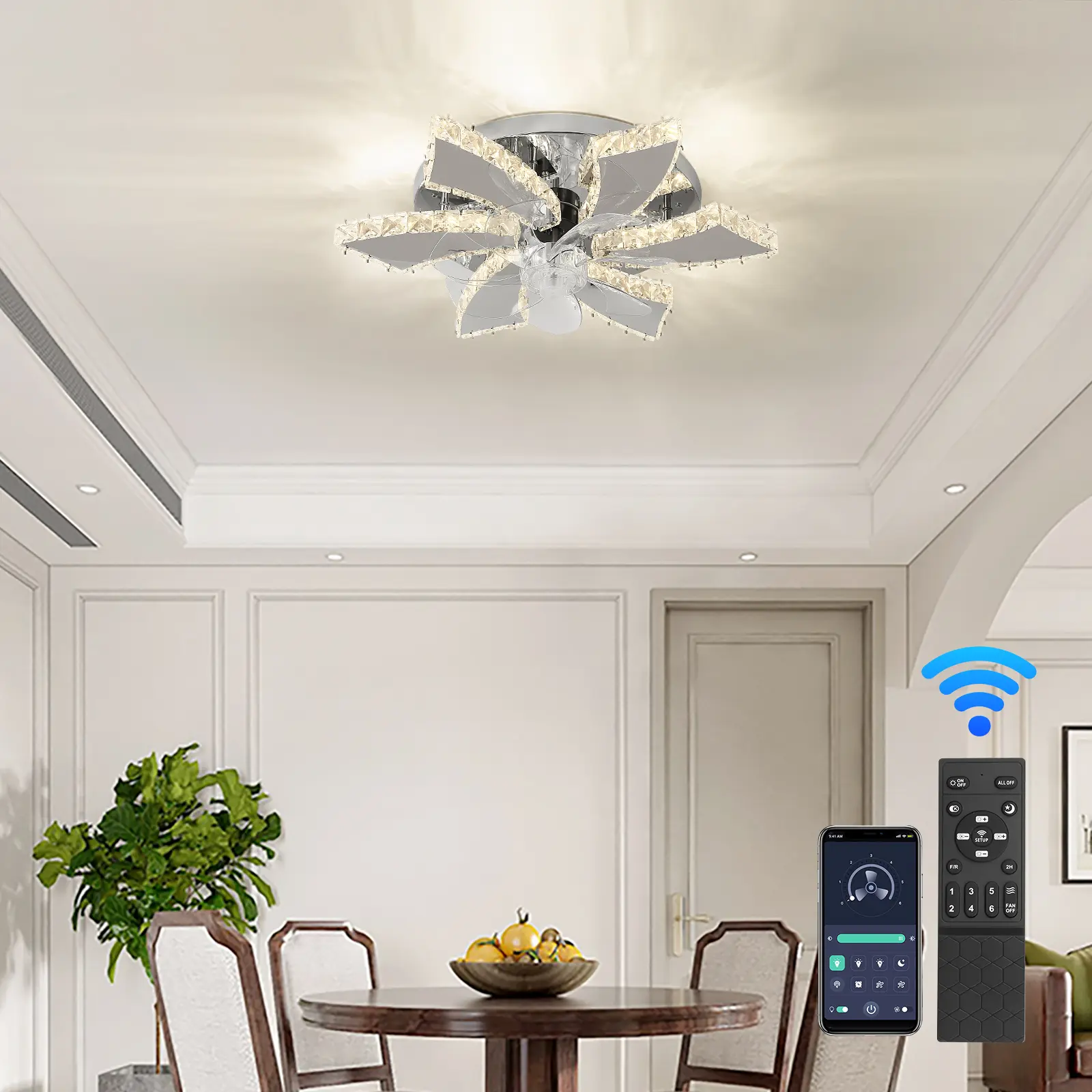 Modern Ceiling Fan Light Led Fan Lamp Smart APP RC Luxury Crystal Chandelier Home Decor Appliance Fixture Living Dining Room