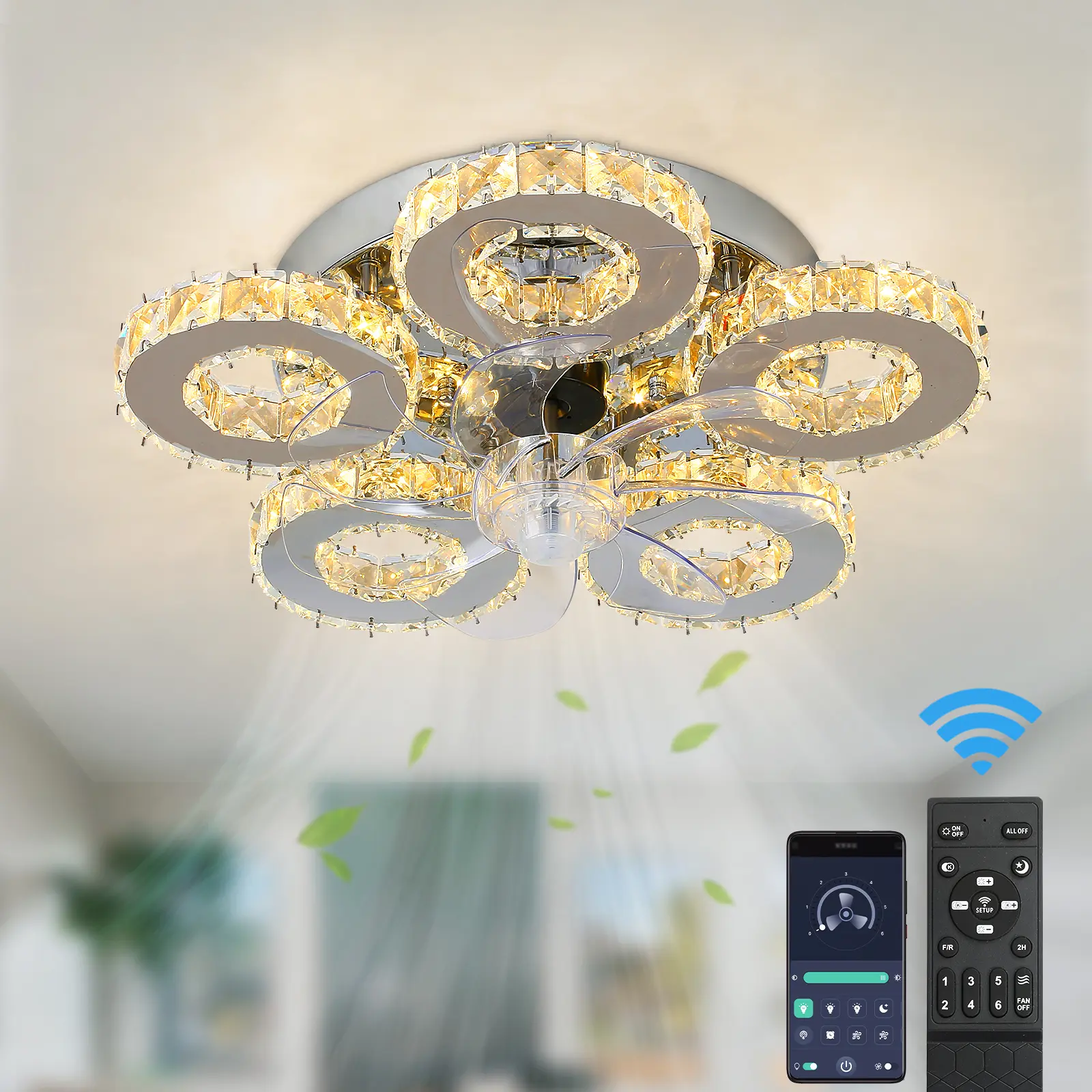 Modern Ceiling Fan Light Led Fan Lamp Smart APP RC Luxury Crystal Chandelier Home Decor Appliance Fixture Living Dining Room