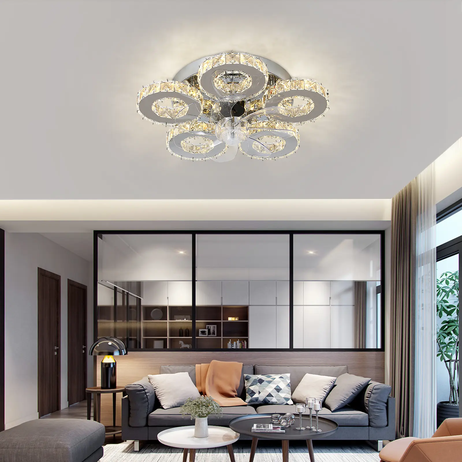 Modern Ceiling Fan Light Led Fan Lamp Smart APP RC Luxury Crystal Chandelier Home Decor Appliance Fixture Living Dining Room