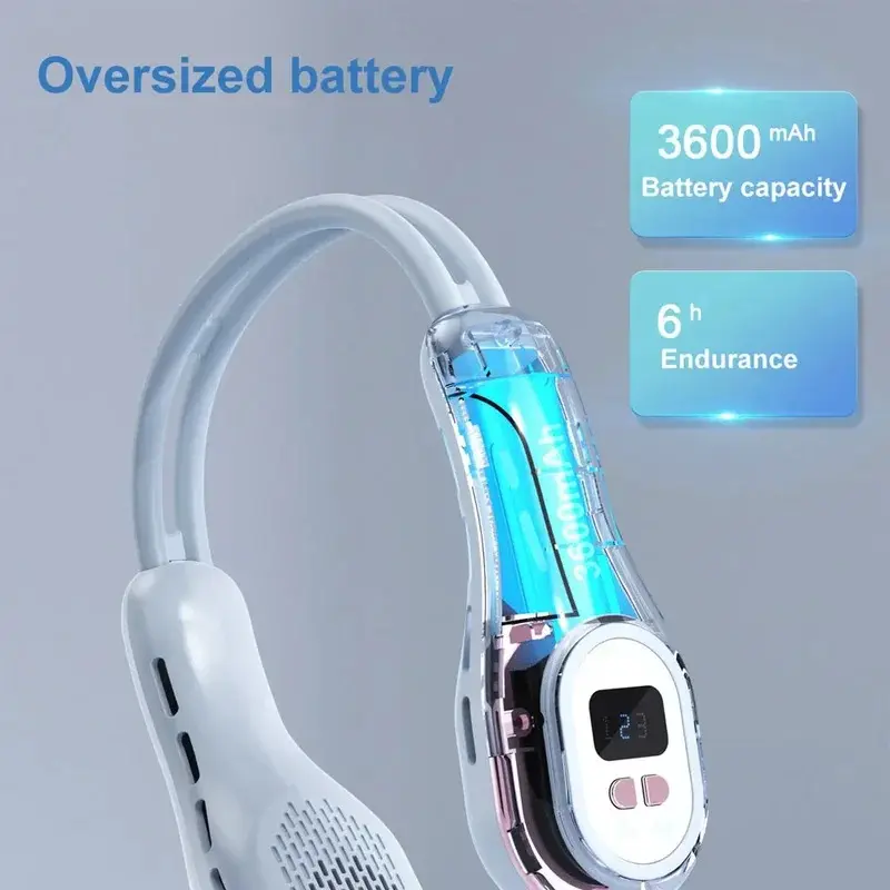 Portable Bladeless Neck Fan 7 Color  Atmosphere Lights USB Rechargeable 3 Gear 360° Adjustable Wind Power Display Air Cooler