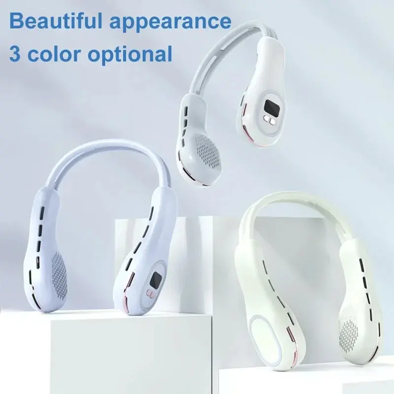 Portable Bladeless Neck Fan 7 Color  Atmosphere Lights USB Rechargeable 3 Gear 360° Adjustable Wind Power Display Air Cooler