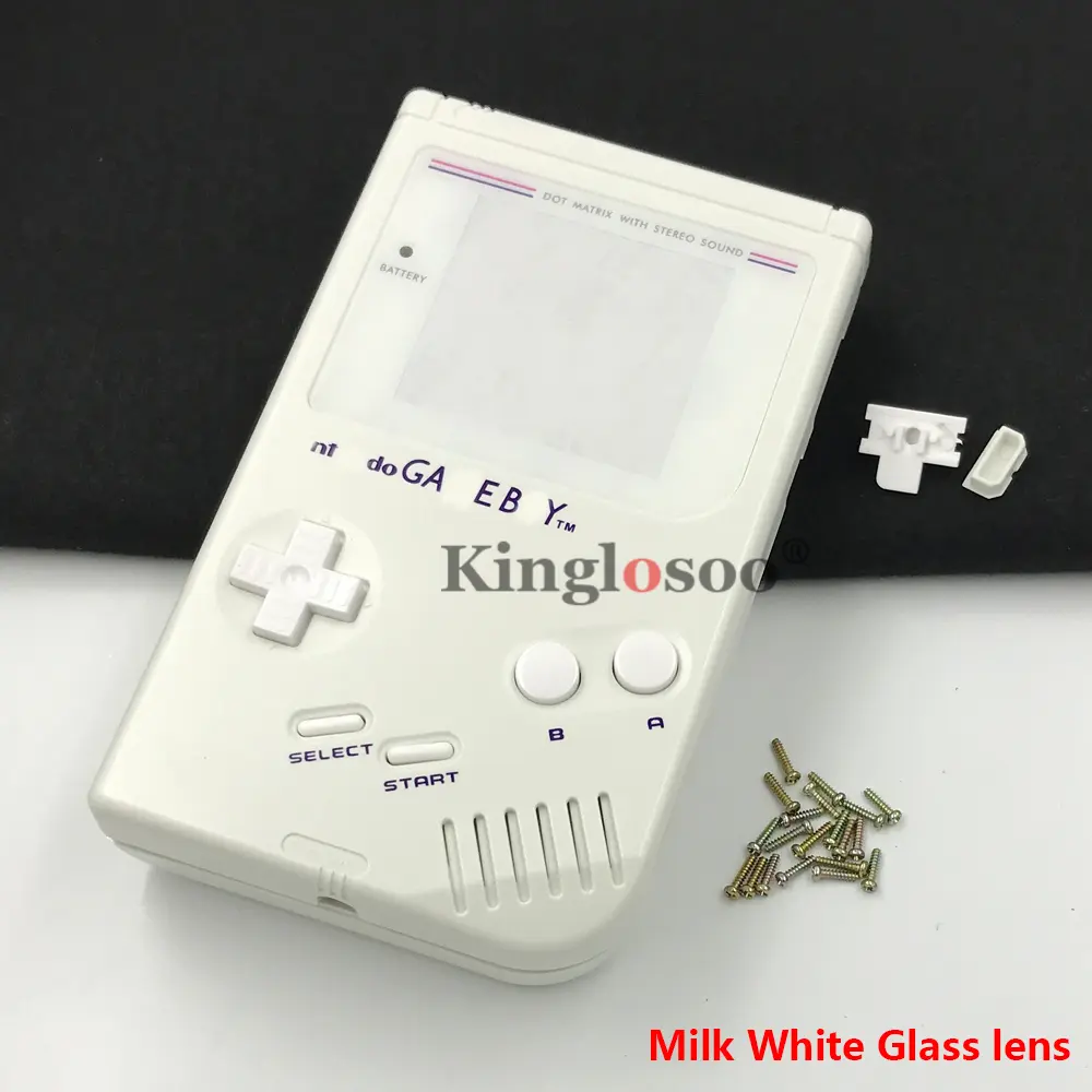 Full white shell case for Nintendo Gameboy GB DMG Classic Game Console housing cover w/ white glass lens buttons rubber pads