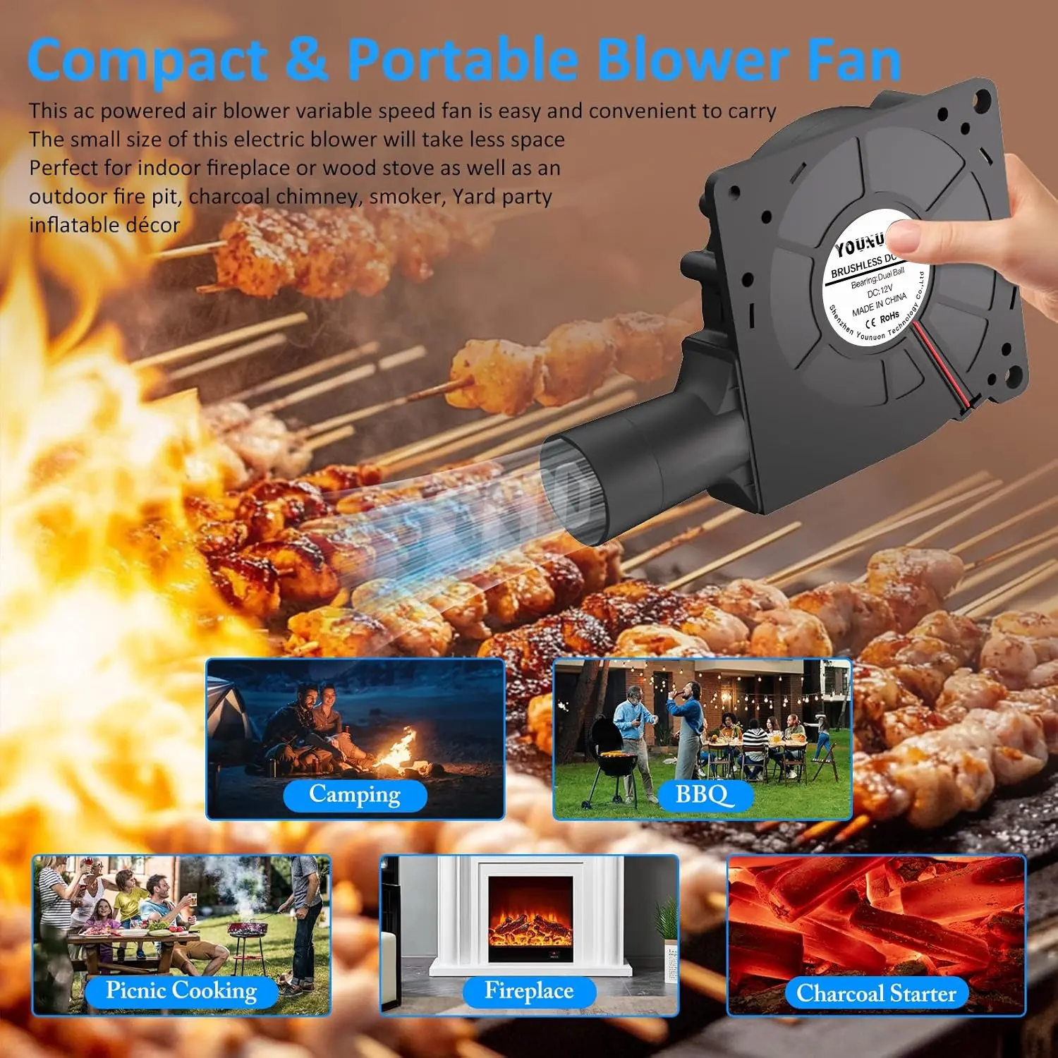 120mmx32mm BBQ Blower Fan AC 110V 220V Centrifugal Cooling Fan Variable Speed Controller Barbecue Fan for Camping Stove Cooking