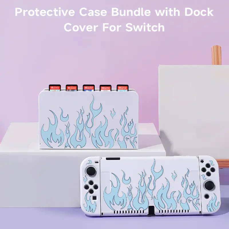 2 Pcs Blue Flames  Theme Pattern Protective Case with Base Cover Set for Switch OLED/Switch NS, Can Store 5 Game Cards