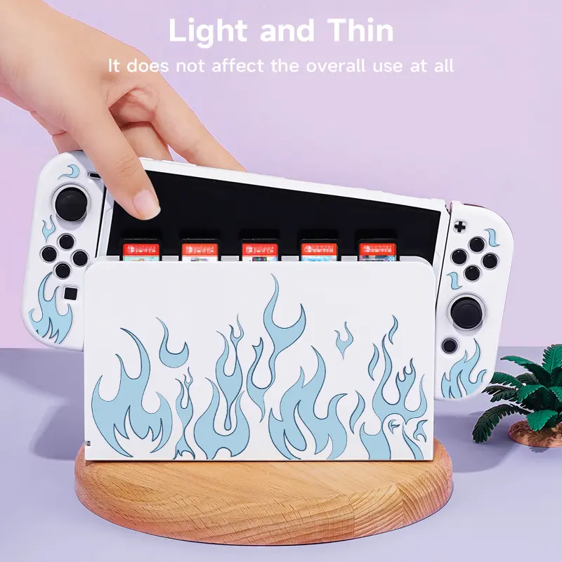 2 Pcs Blue Flames  Theme Pattern Protective Case with Base Cover Set for Switch OLED/Switch NS, Can Store 5 Game Cards