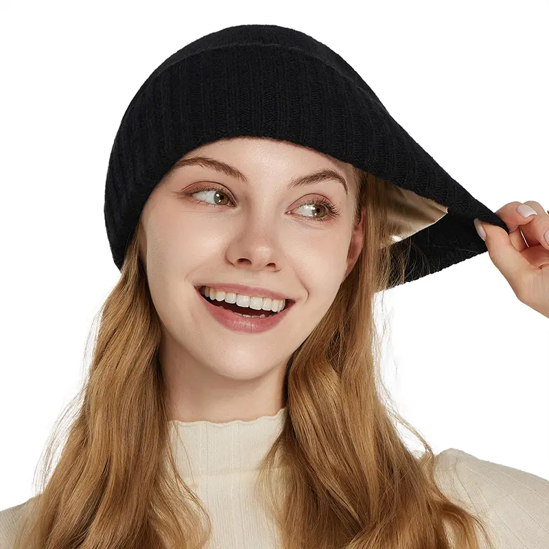 Women's Winter Hat 100% Pure Wool Knitted Satin Line 2 Layer Soft Warm Sleep Cover Beanies Elastic Fashion Slouchy SKi Cap Men