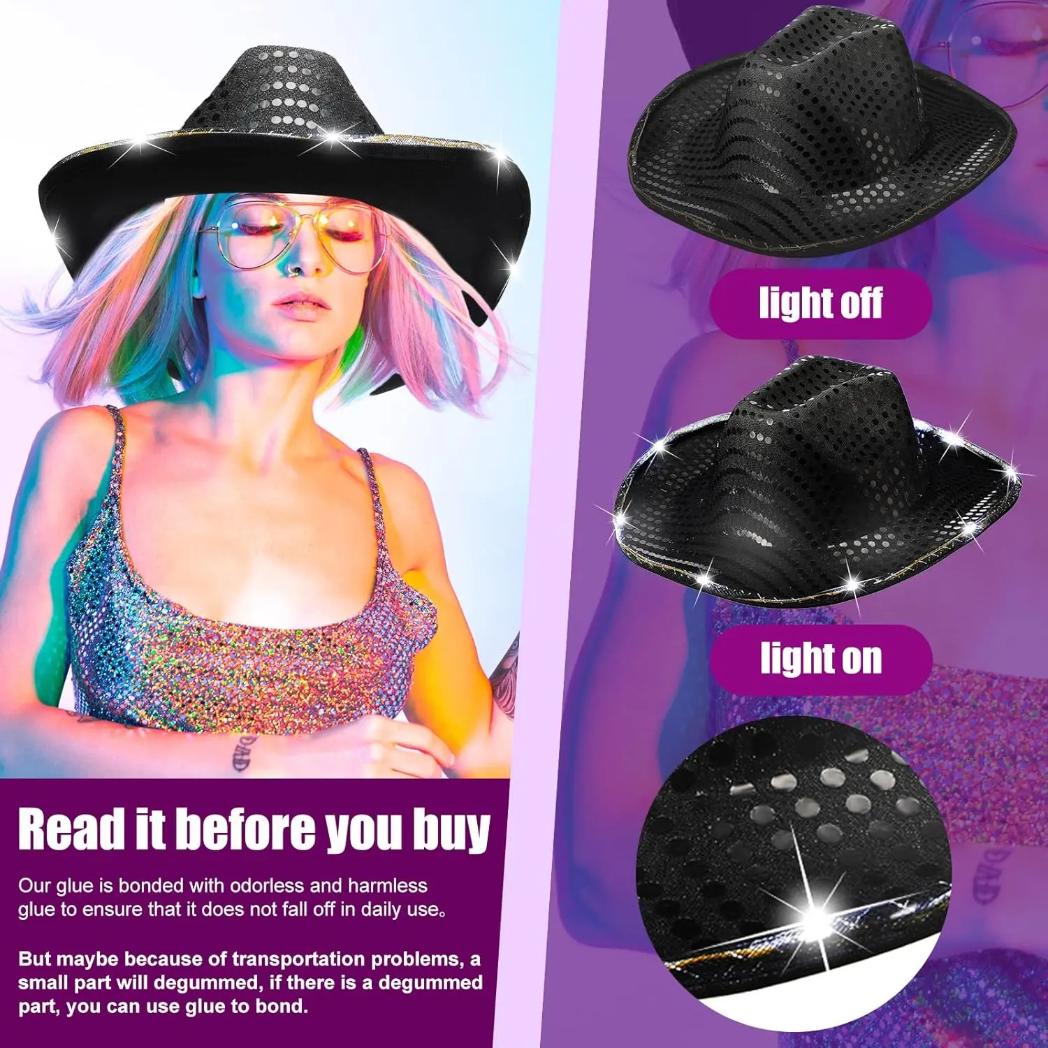 6-50Pcs Light up Cowboy Hats LED Cowgirl Hats for Wedding Dance Ball Western Cowboy Hat Bachelorette Cowgirl Hat Party Favors