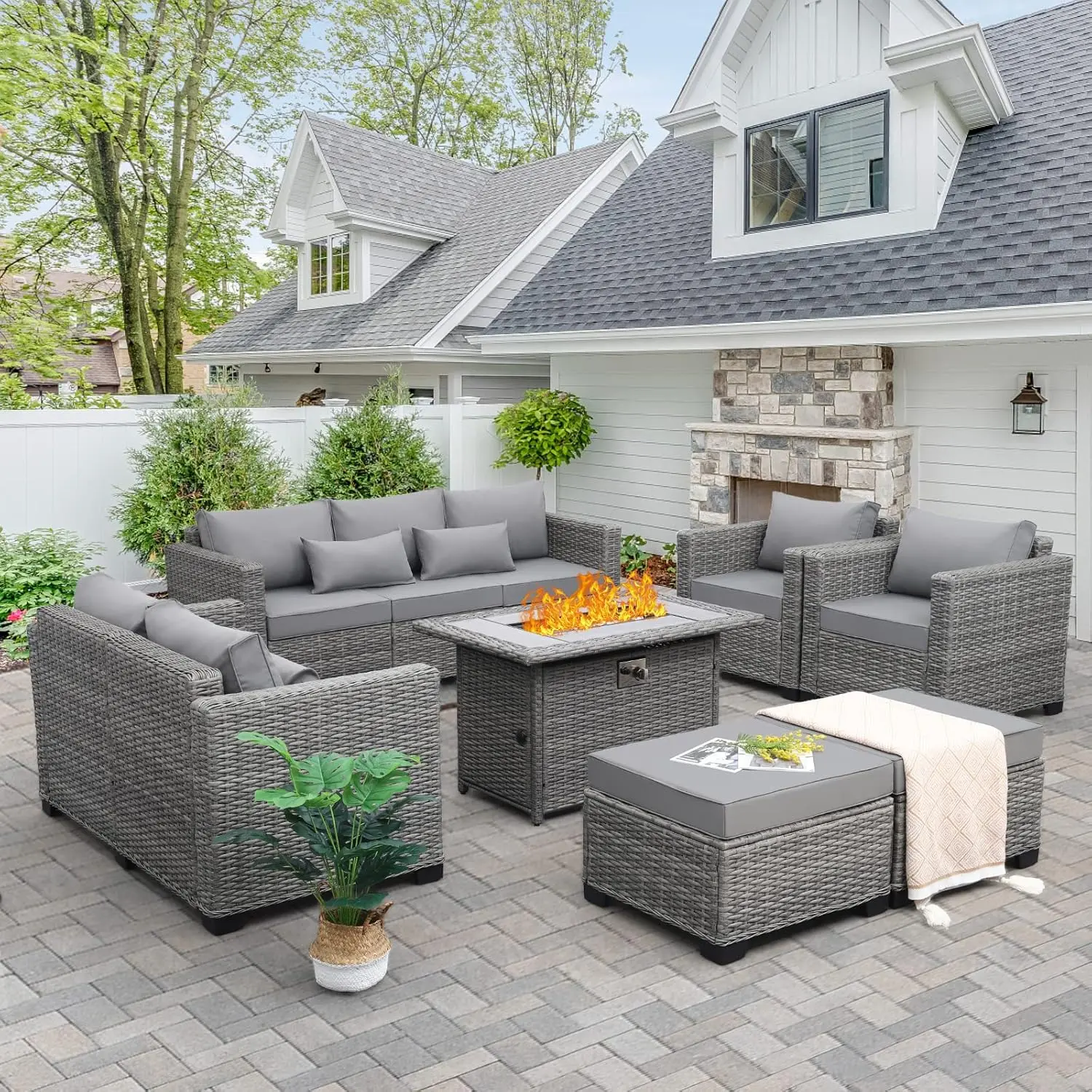 60000 BTU Wicker Gas Pit Outdoor Fire Pit Table 45 Inch Pits for Outside with Woodgrain Marble Tabletop Fire Pit Cover