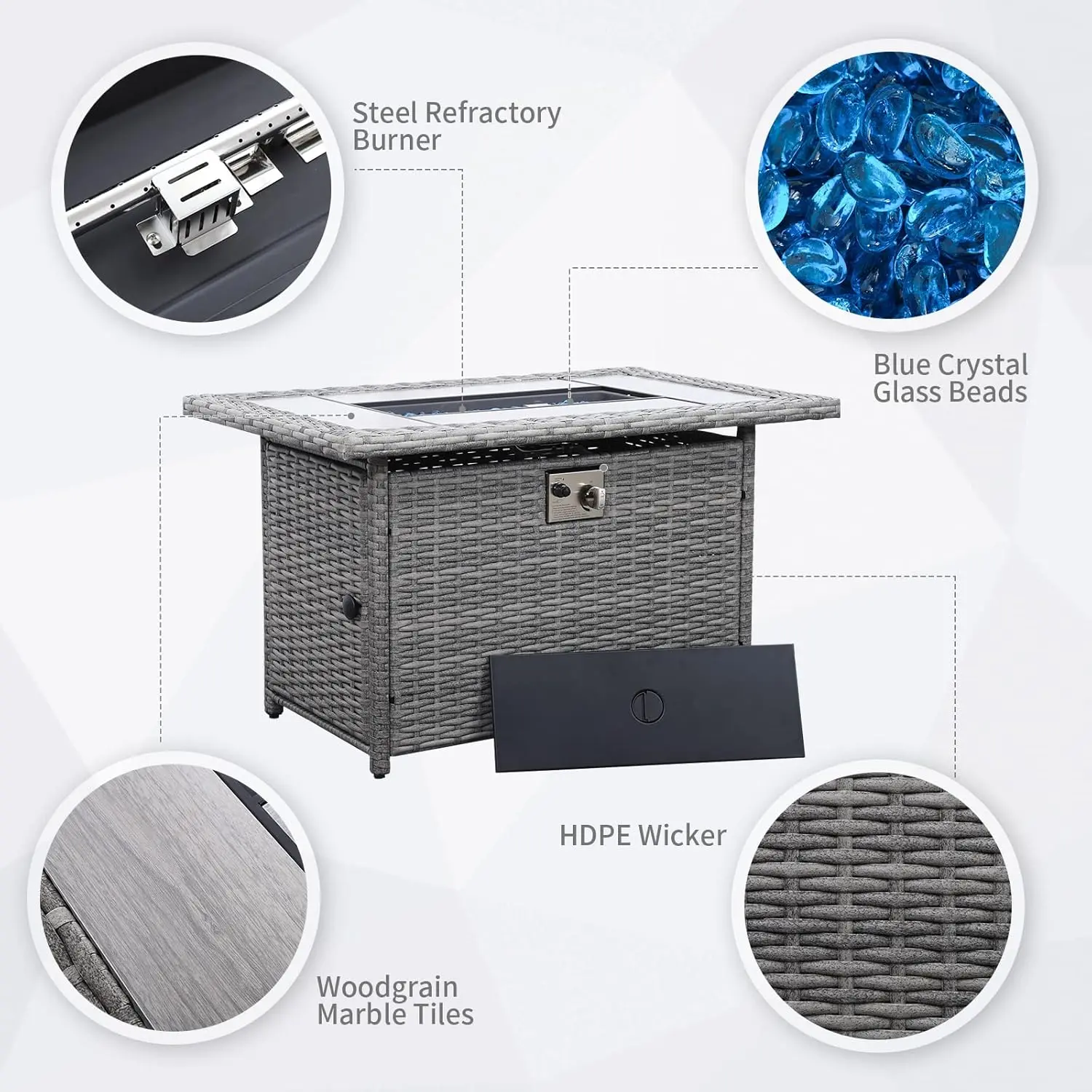 60000 BTU Wicker Gas Pit Outdoor Fire Pit Table 45 Inch Pits for Outside with Woodgrain Marble Tabletop Fire Pit Cover