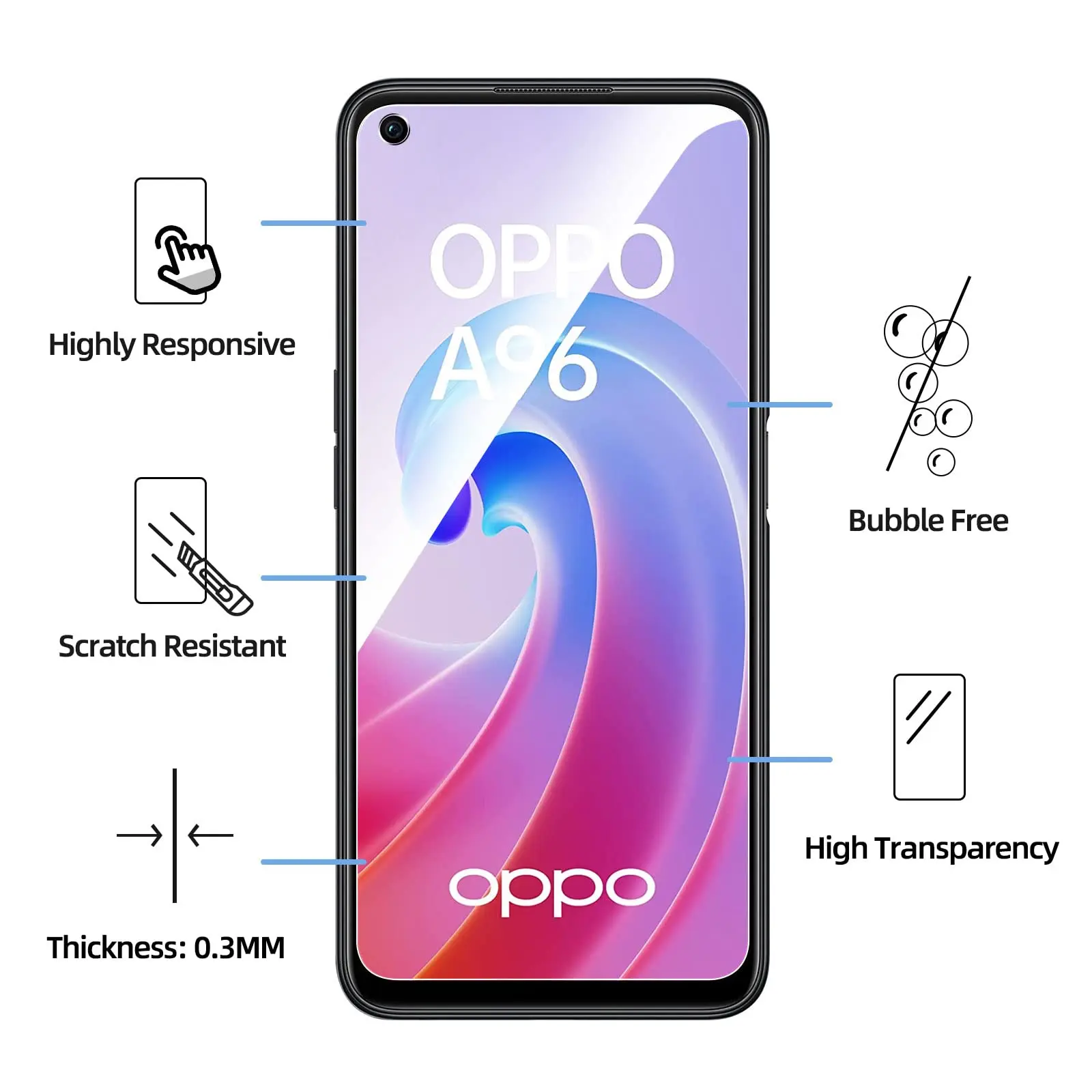 Screen Protector For OPPO A96, Tempered Glass  HD 9H High Aluminum Crystal Transparent Clear Anti Scratch Case Friendly